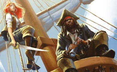 Promotional art from 7th Sea The Price of Arrogance, showing two pirates sitting near the mast of a ship.