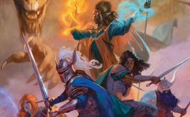 Promotional artwork of the Dungeons & Dragons 2024 Core Rulebook, showing an adventuring party surrounded by monsters.