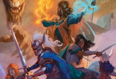 Promotional artwork of the Dungeons & Dragons 2024 Core Rulebook, showing an adventuring party surrounded by monsters.