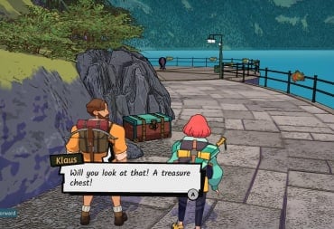Klaus talking to the player, saying "Will you look at that! A treasure chest!"