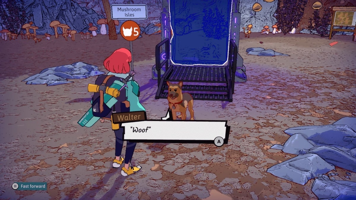 An in-game screenshot of Dungeons of Hinterberg, showcasing protagonist Luisa conversing with a friendly dog.