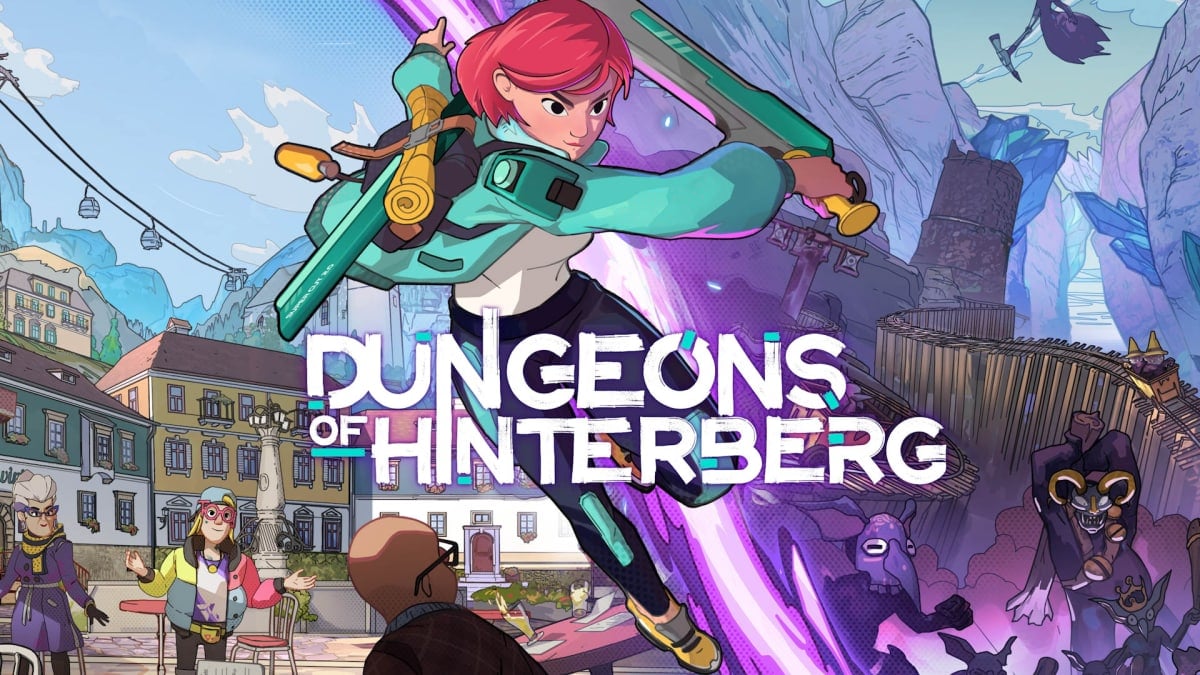 A spread-shot cover of Dungeons of Hinterberg, showcasing the protagonist Luisa poised for battle against a backdrop of Hinterberg's citizens and Hinterberg's monsters.