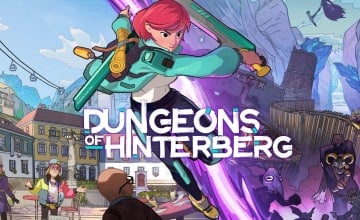 A spread-shot cover of Dungeons of Hinterberg, showcasing the protagonist Luisa poised for battle against a backdrop of Hinterberg's citizens and Hinterberg's monsters.