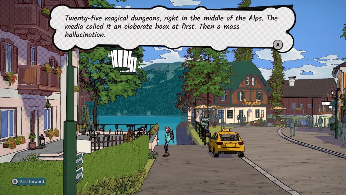 An in-game screenshot of Dungeons of Hinterberg, showcasing protagonist Luisa standing outside of her hotel and explaining the premise of Hinterberg.