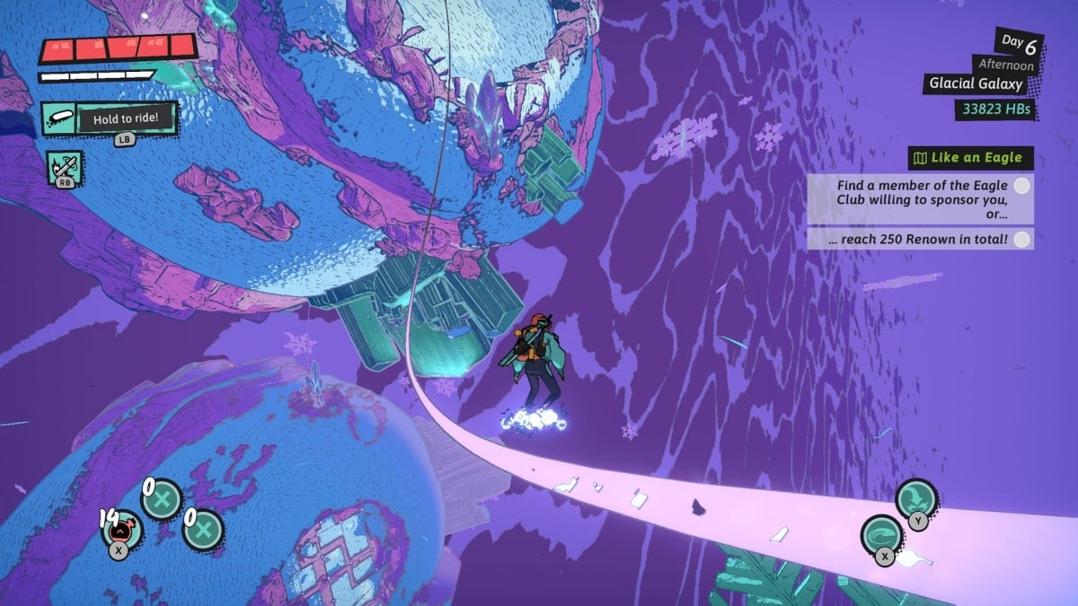 An in-game screenshot of Dungeons of Hinterberg, showcasing protagonist Luisa travelling through a dungeon by using the glowing purple rails.