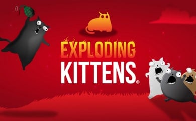 The logo for the game Exploding Kittens on a red background, a pair of kittens are in the background, holding grenades.