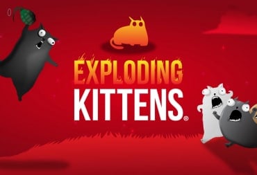 The logo for the game Exploding Kittens on a red background, a pair of kittens are in the background, holding grenades.