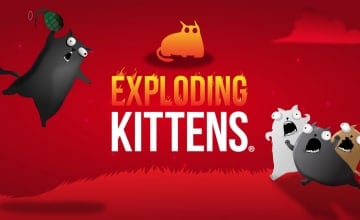 The logo for the game Exploding Kittens on a red background, a pair of kittens are in the background, holding grenades.