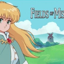 Blond character standing in front of a village, with the Fields of Mistria logo to the right.