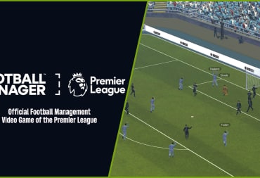 The logo for the Football Manager Premier League partnership next to a shot from Football Manager 2024