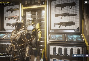 Image of the Armor in a Helldivers 2 Shop With A Super Citizen Standing In Front