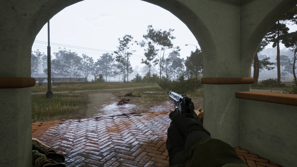How to Get a Gun in Vorax - Cover Image Holding a Pistol Outside of the Manor House