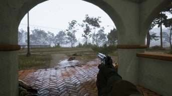 How to Get a Gun in Vorax - Cover Image Holding a Pistol Outside of the Manor House