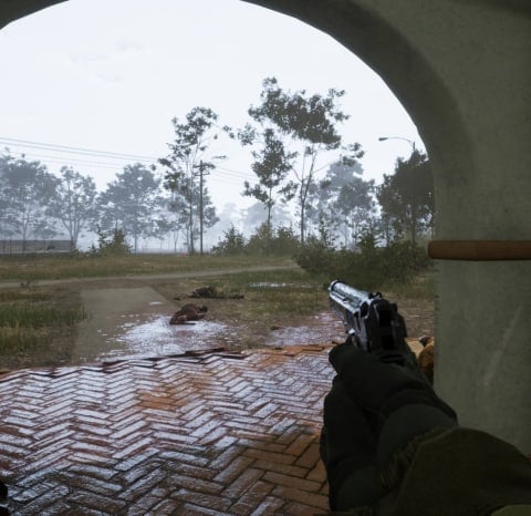 How to Get a Gun in Vorax - Cover Image Holding a Pistol Outside of the Manor House