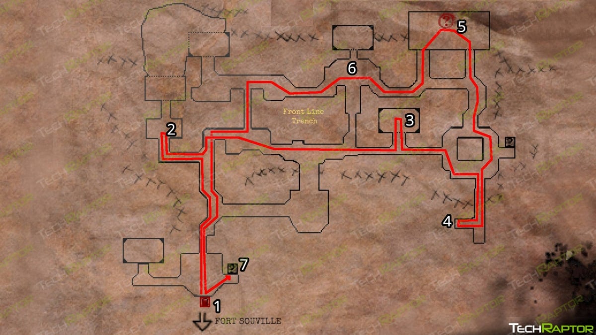 Map of Front Line Route with Numbers Marking Points of Interest in Conscript