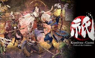A promotional image of Kunitsu-Gami: Path of the Goddess. The logo is on the right, and Yoshiro, Soh, and a troop of masked villagers are visible on the left.