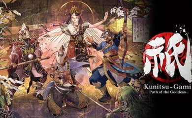 A promotional image of Kunitsu-Gami: Path of the Goddess. The logo is on the right, and Yoshiro, Soh, and a troop of masked villagers are visible on the left.
