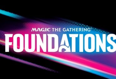 A promotional image of the Magic: The Gathering Foundations logo on a stylized background featurning pink and blue streaks.
