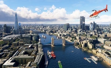 A helicopter flying over London in Microsoft Flight Simulator World Update 17