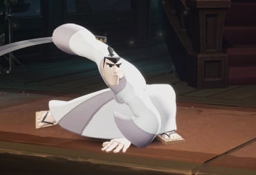 Samurai Jack in Multiversus standing crouched with one lag forward, and his sword extended behind him