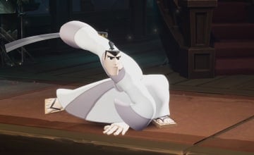 Samurai Jack in Multiversus standing crouched with one lag forward, and his sword extended behind him