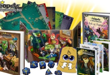 A promo image of the Neopets TTRPG, showing dice, maps, books, and branded dice bags.