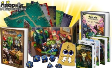 A promo image of the Neopets TTRPG, showing dice, maps, books, and branded dice bags.