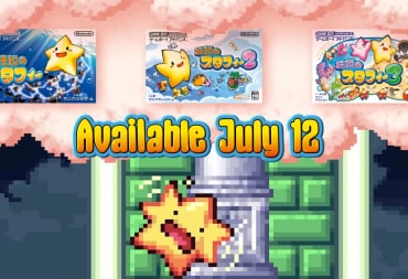 Box art of the three Starfy games now available on Nintendo Switch Online, plus a shot of Starfy falling over