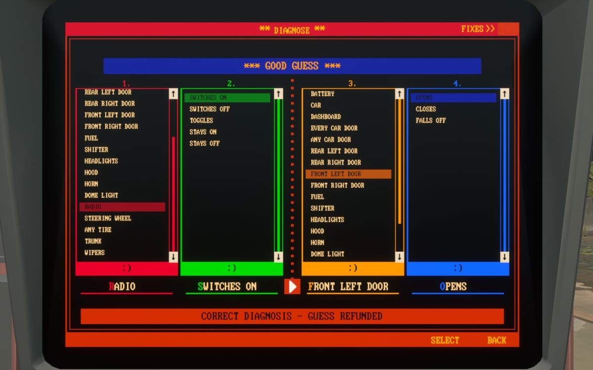 Pacific Drive screenshot showing a brightly colored computer screen with similar graphics to a teletext page