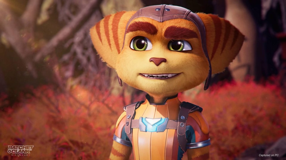 Ratchet from Ratchet and Clank Rift Apart looking into the camera 