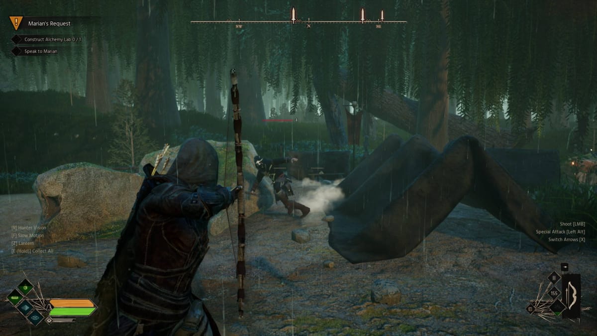 Robin Hood - Sherwood Builders - Game Page Cover Image Robin Hood Aiming His Bow at the Sons of Adam in Their Camp