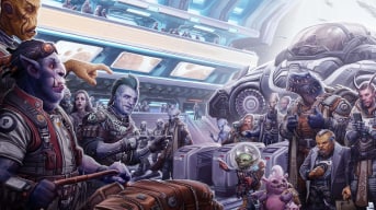 Artwork from Starfinder, featuring multiple alien creatures including goblins, skittermanders, elves, and dwarves