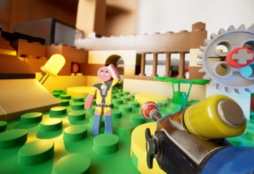 A confused-looking NPC standing on Lego-style blocks in Supraworld