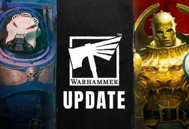 Two armored beings, one a space marine on the left, stand beisde a Warhamme rUpdate bar in the middle