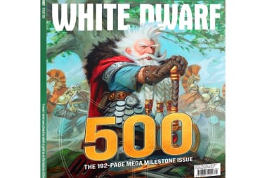 A screenshot of the cover for White Dwarf #500, showing the dwarf Grombrindal standing majestically with his axe planted in front of him.